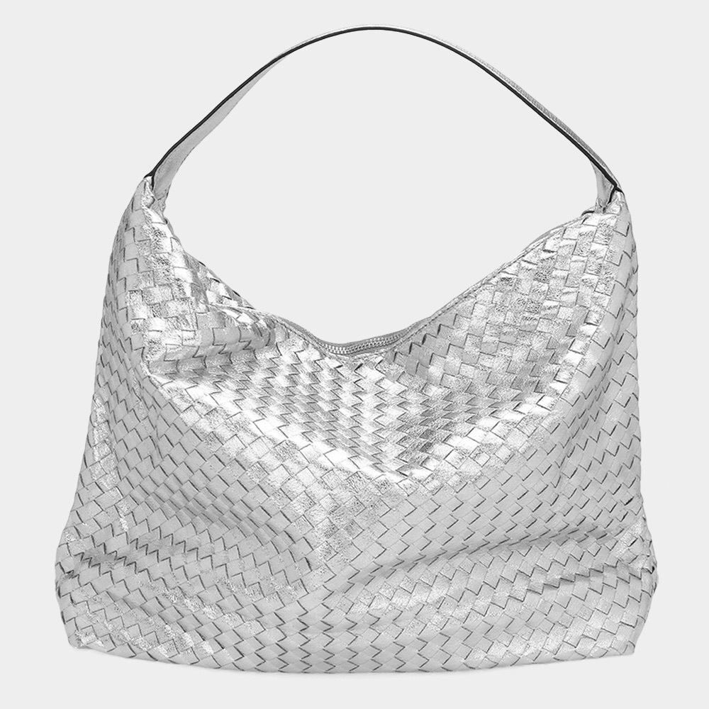 Metallic Vegan Leather Meduim Weave Shoulder Bag